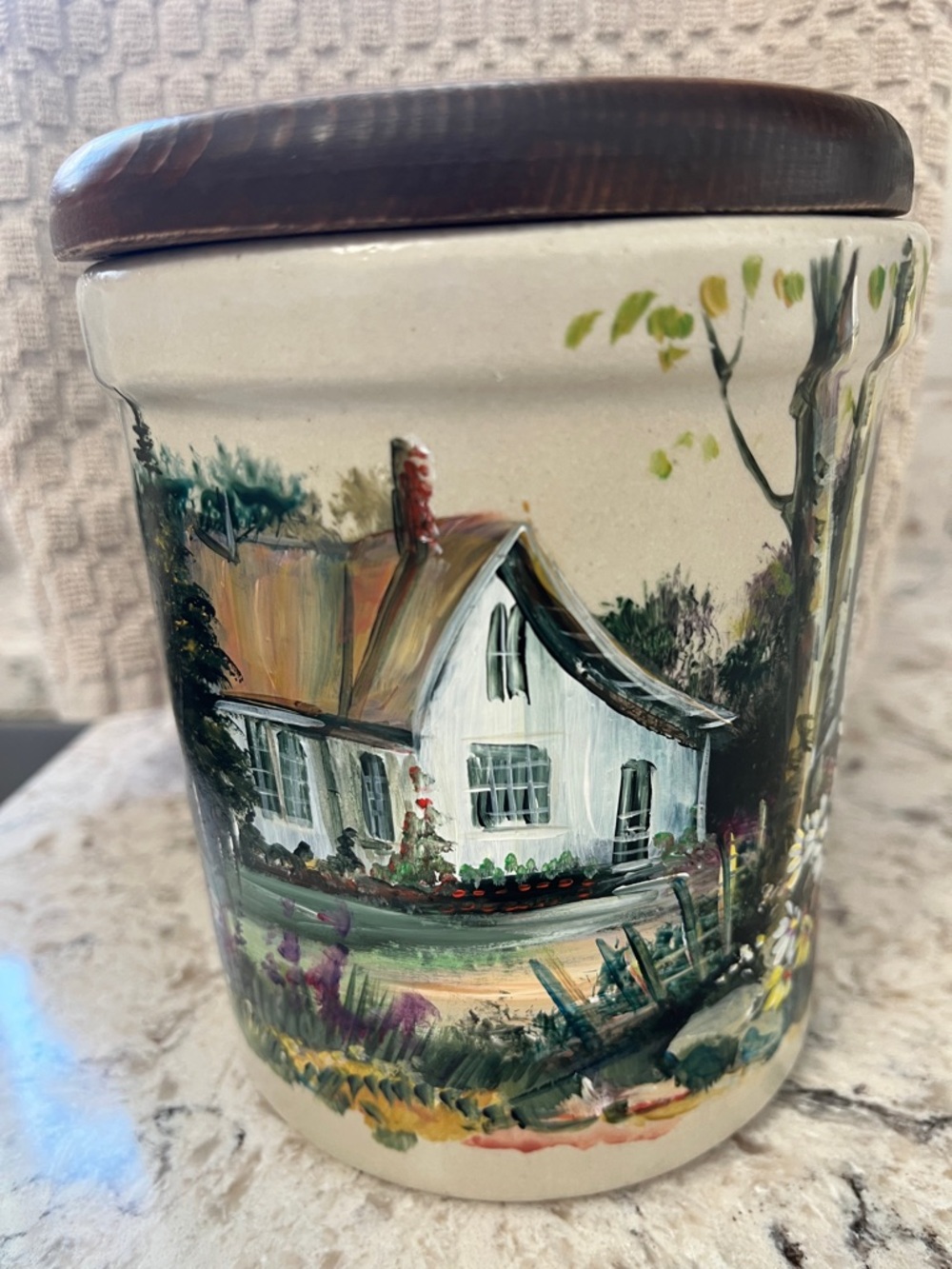 Hand-Painted Ceramic Cottage Canister — White with Brown Lid